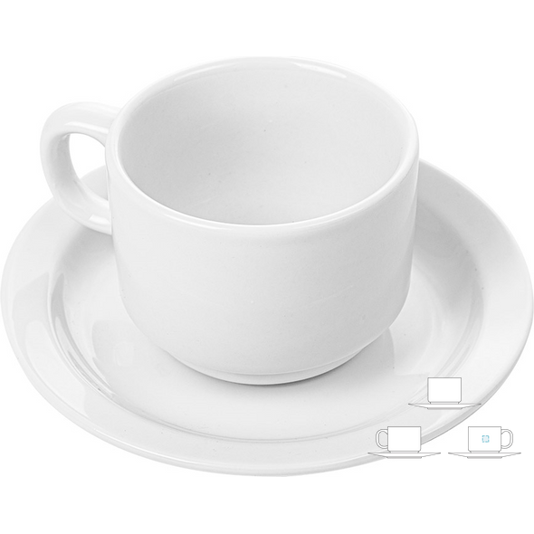 Witte porseleinen koffiekopjes en schotels